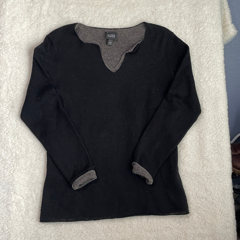 Eileen Fisher Wool Blend Women M Two Tone Gray Black Notched V-Neck Sweater